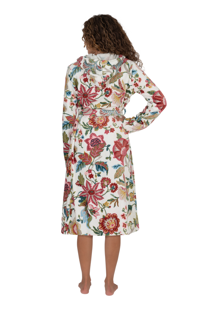 Floral terry wrap bathrobe with tie belt, short length, back view, long sleeves