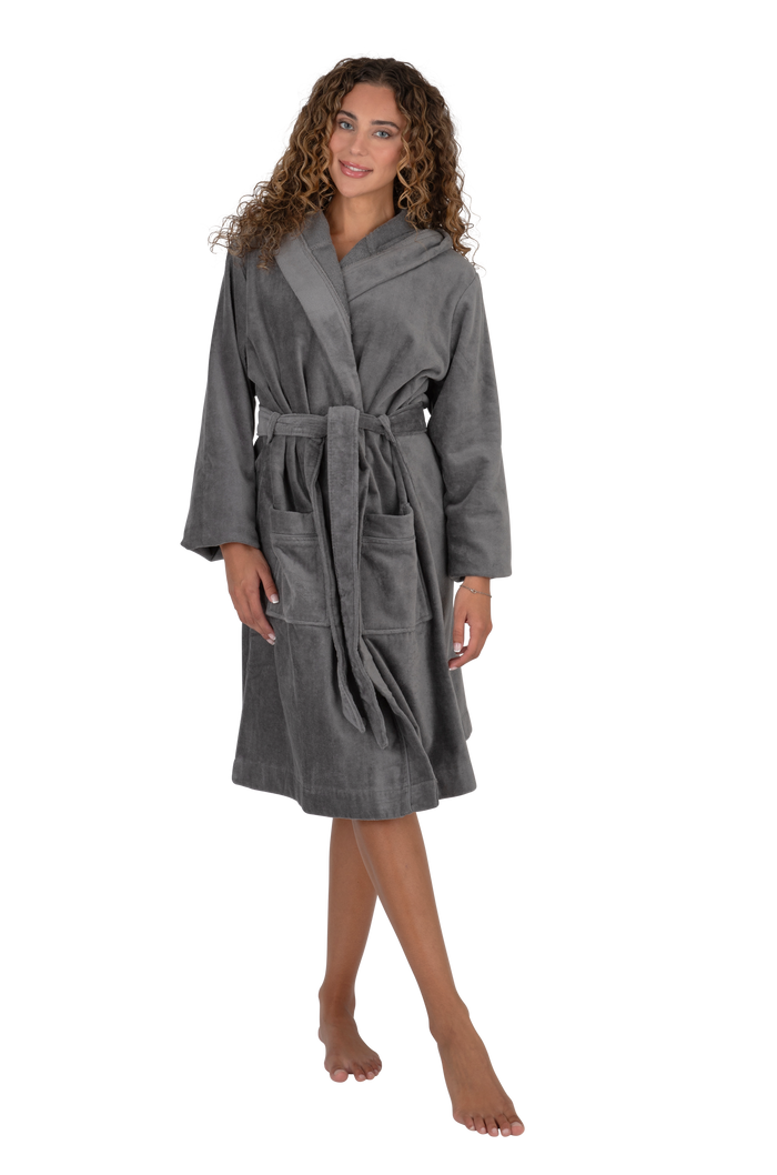 Gray terry wrap hoodie bathrobe with belt, piped trim, and front pockets