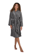Gray terry wrap hoodie bathrobe with belt, piped trim, and front pockets