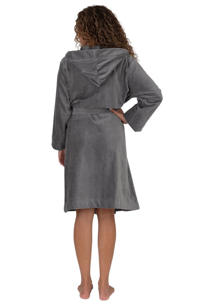 Gray terry wrap hoodie bathrobe back view with hood and belt tie