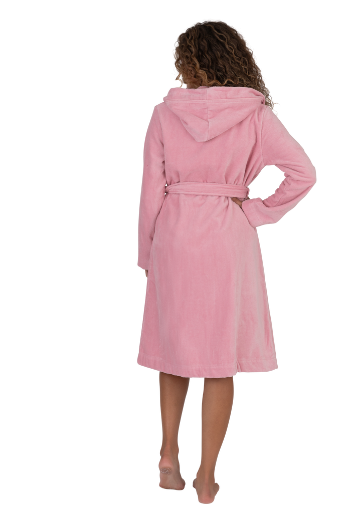 Pink short terry wrap bathrobe with hood and belt tie, back view