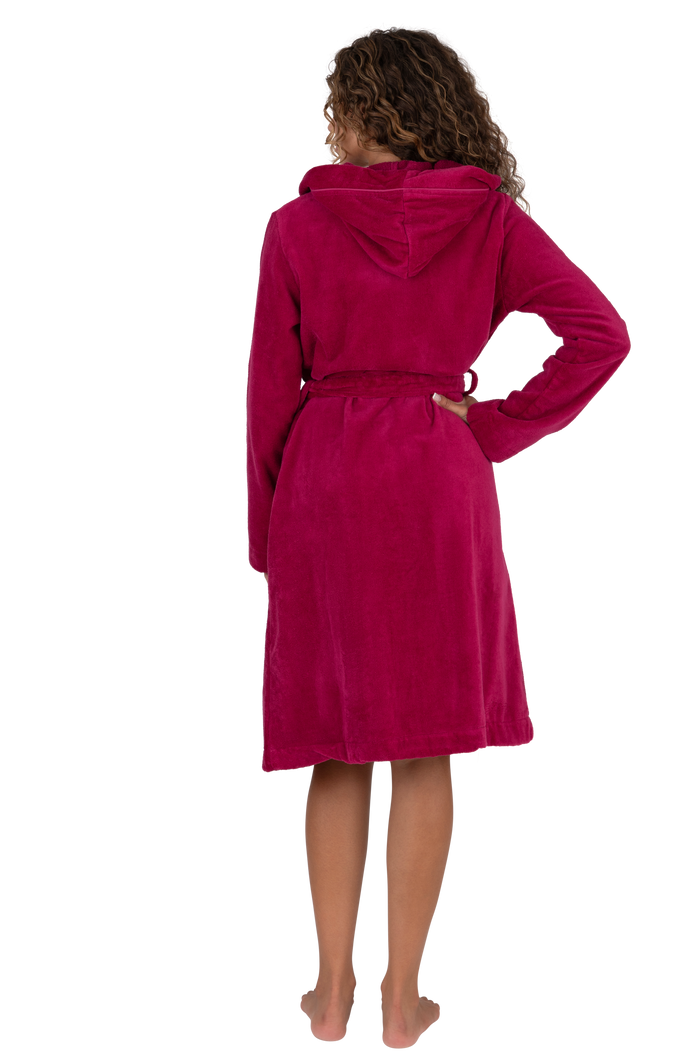 Raspberry terry wrap short hoodie bathrobe with belt, long sleeves, back hood
