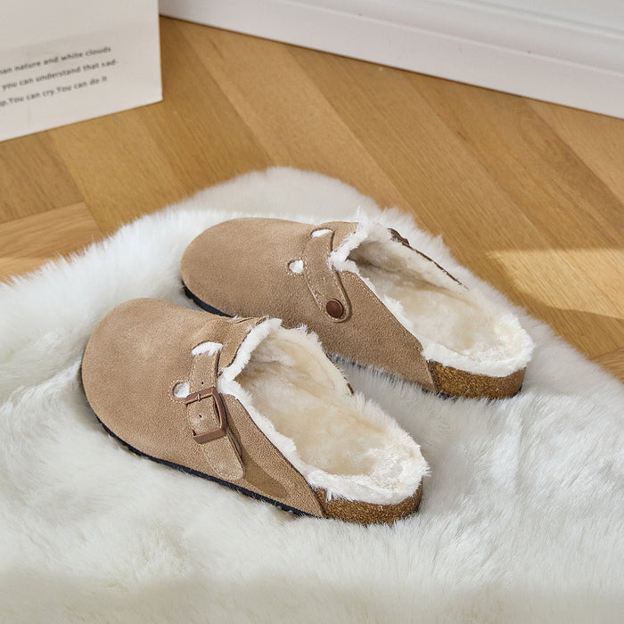 Tiosebon Leather Boken Fuzzy Slippers-Khaki