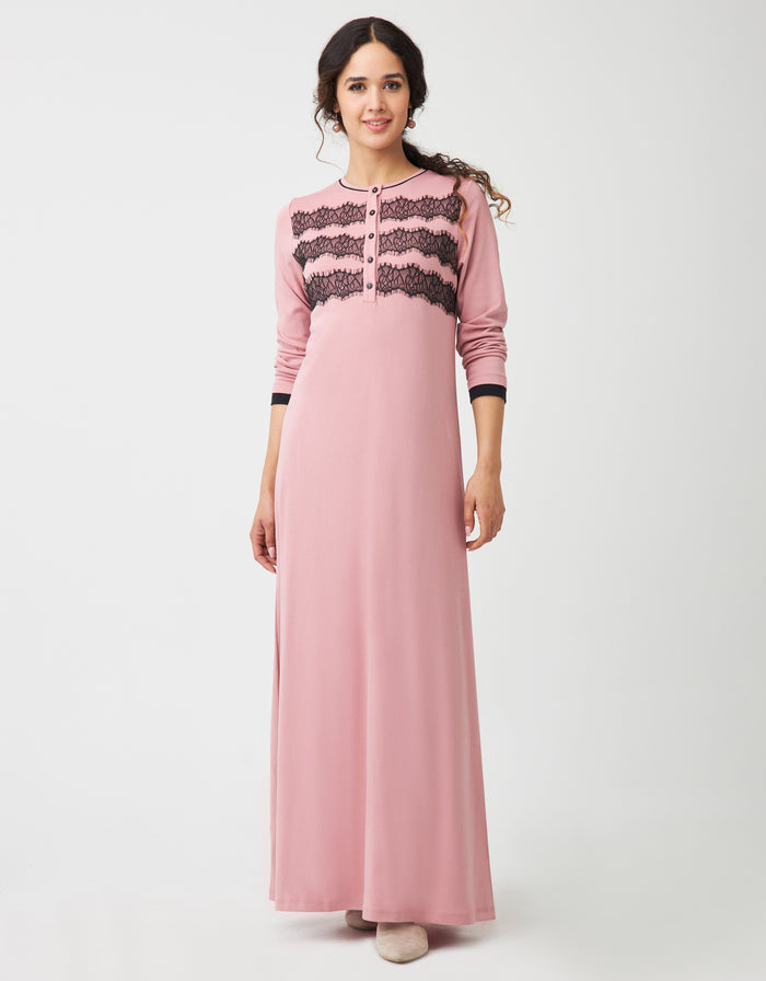 Pink long nightgown with button placket and black lace yoke; long sleeves, maxi length