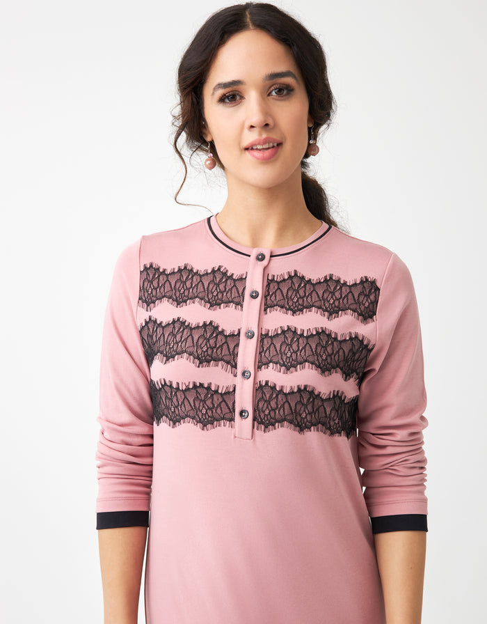 Pink lace-trim nightgown with button front, black lace bands and long sleeves