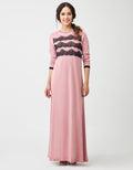 Pink long-sleeve pull-on nightgown with black lace triple panel and black cuff trim