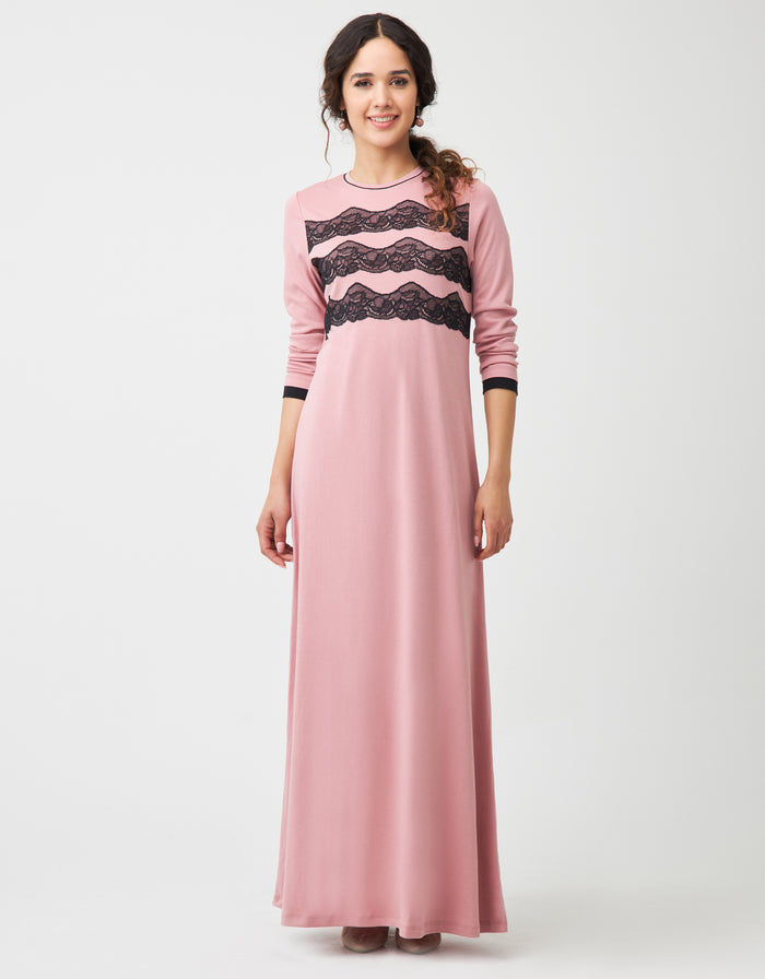 Pink long-sleeve pull-on nightgown with black lace triple panel and black cuff trim