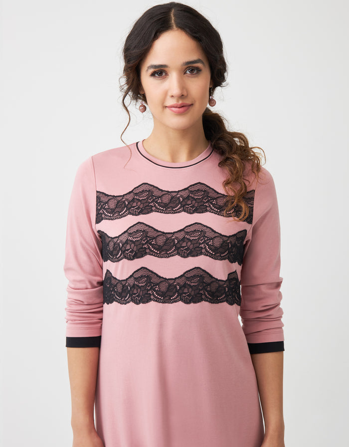 Pink nightgown with black lace triple stripe neckline and cuffs, bust detail