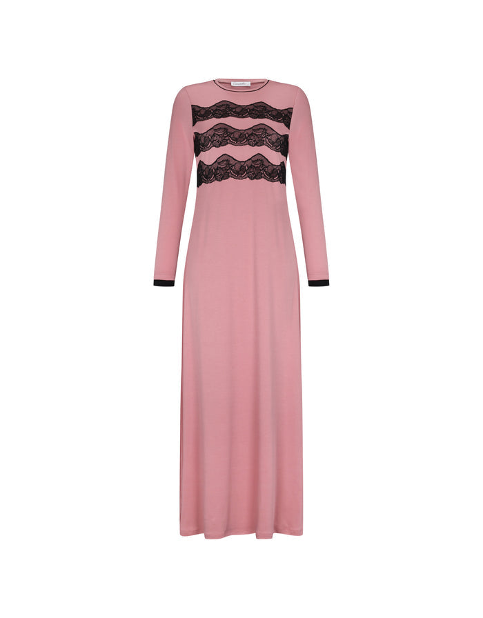 Pink pull-on nightgown with black lace triple band across chest and long sleeves