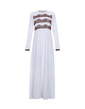 White pull-on nightgown with three mocha lace bands across the chest, long sleeves