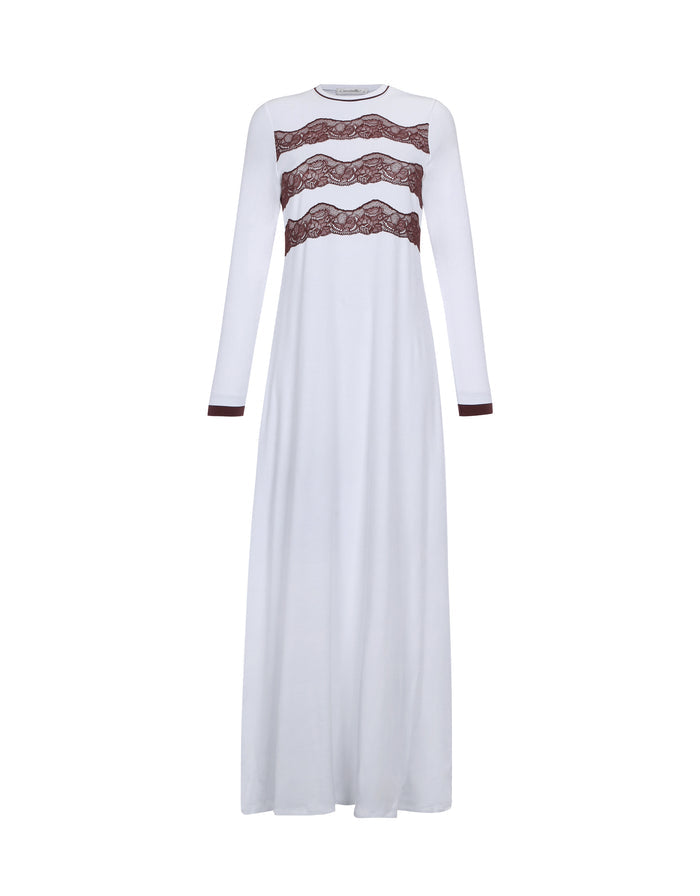 White pull-on nightgown with three mocha lace bands across the chest, long sleeves