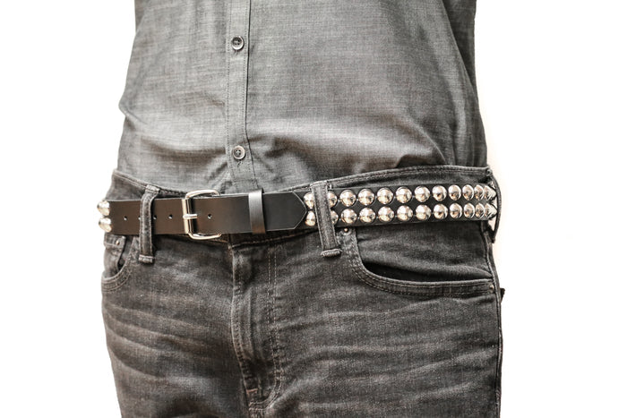 Two Row Conical Studded Heavy Duty Black Leather Belt