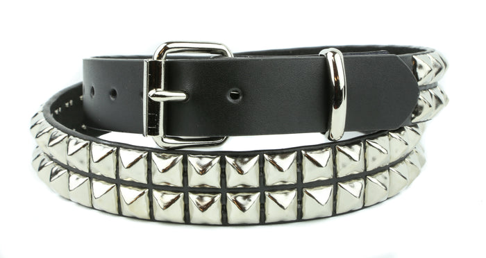 Two Row Pyramid Studded Heavy Duty Black Leather Belt GRADE A