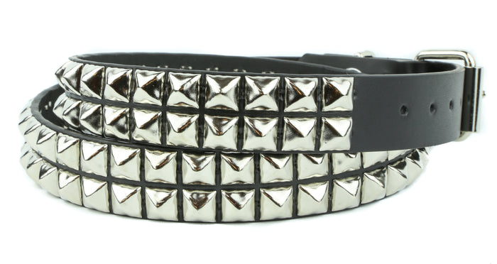 Two Row Pyramid Studded Heavy Duty Black Leather Belt GRADE A