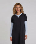 Black pull on nightgown with contrasting  light blue long sleeves and neck trim.