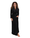 Black plush velour belted wrap robe with shawl collar, front view
