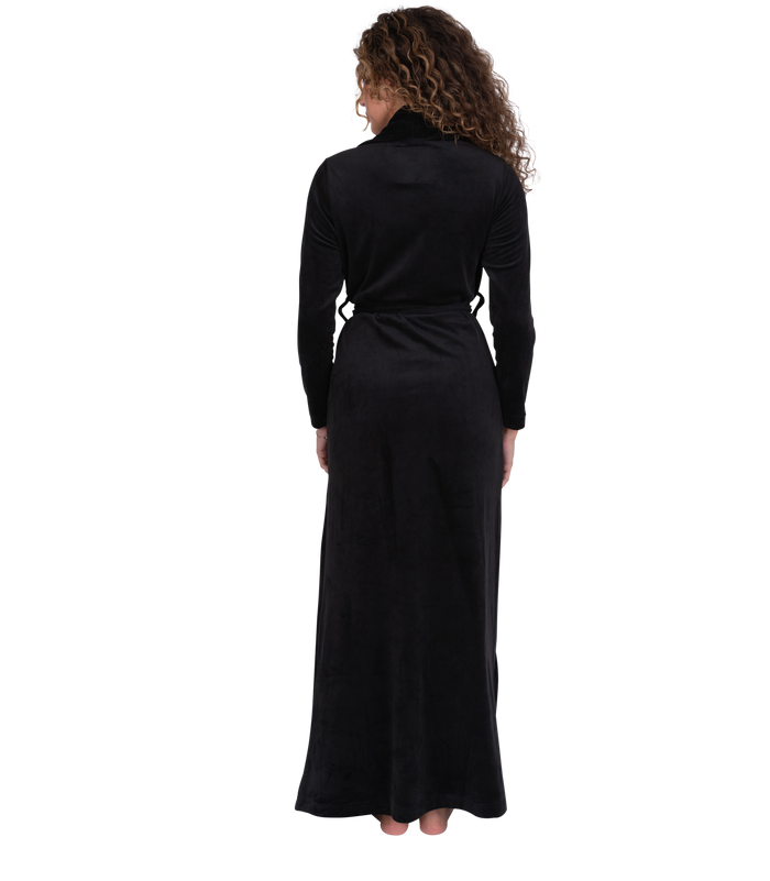 Black plush velour belted robe with shawl collar, back view