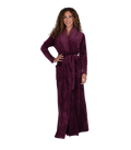 Burgundy plush velour wrap robe with shawl collar and matching waist belt, front view