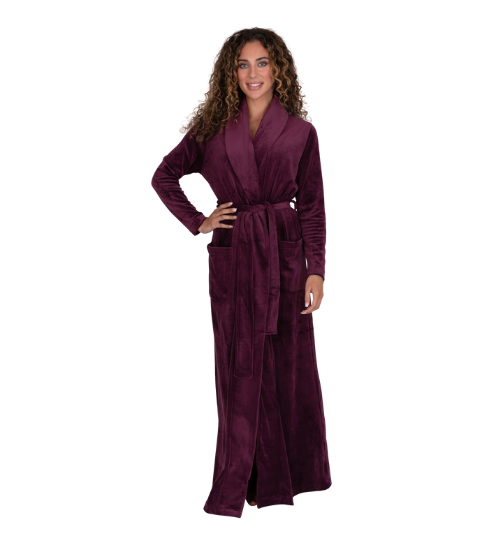 Burgundy plush velour wrap robe with shawl collar and matching waist belt, front view