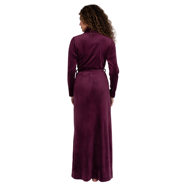Burgundy plush velour wrap robe with shawl collar and waist belt, back view