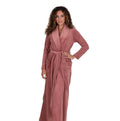 Cinnamon pink plush velour belted robe with shawl collar and long sleeves