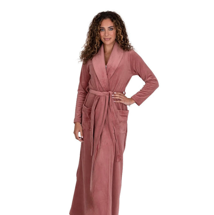 Cinnamon pink plush velour belted robe with shawl collar and long sleeves