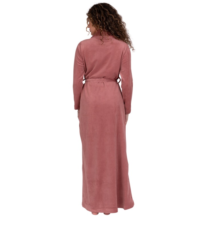 Cinnamon pink plush velour belted robe, back view with shawl collar and long sleeves