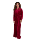 Cranberry plush velour belted robe with shawl collar, long sleeves, full-length
