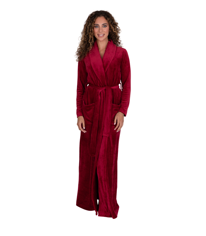 Cranberry plush velour belted robe with shawl collar, long sleeves, full-length