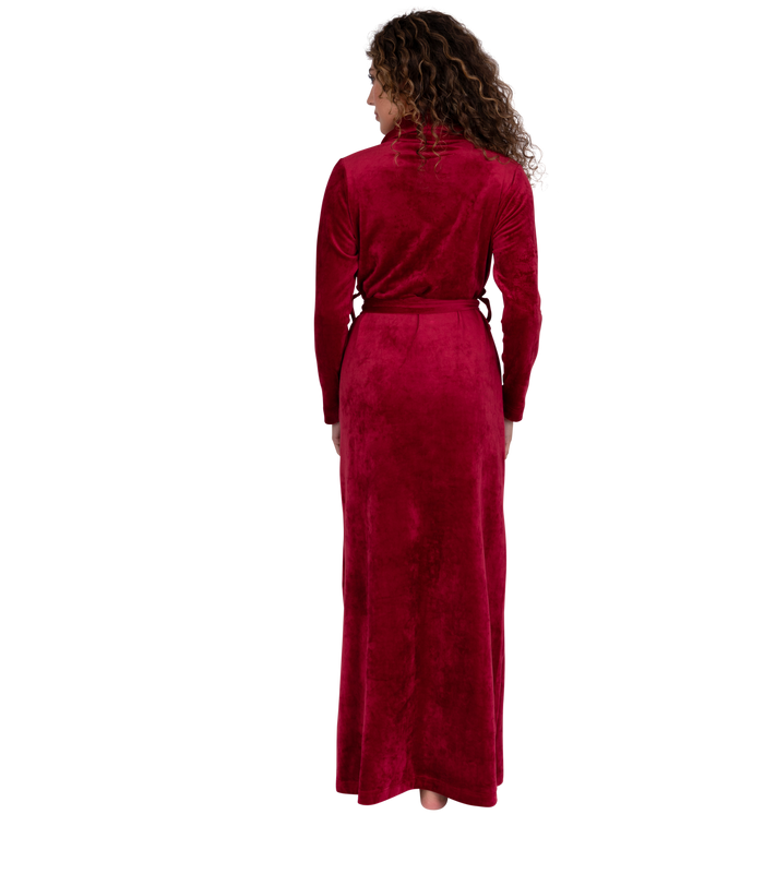 Cranberry plush velour belted wrap robe, shawl collar, long sleeves, back view