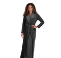 Dark gray plush velour belted robe with shawl collar, long sleeves