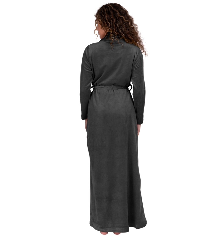 Dark gray plush velour wrap robe with belt and shawl neckline, long sleeves (back)