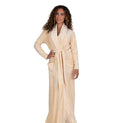 Ivory plush velour belted shawl-collar wrap robe with long sleeves