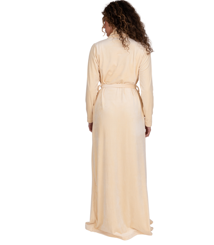 Ivory plush velour belted wrap robe, long sleeves, open back view