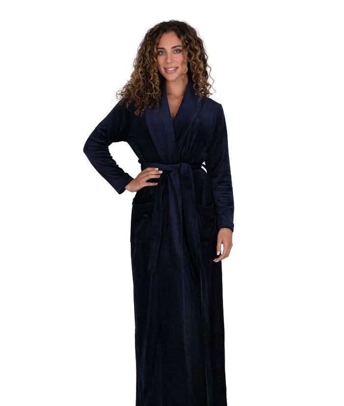 Navy plush velour belted shawl-collar wrap robe, front view