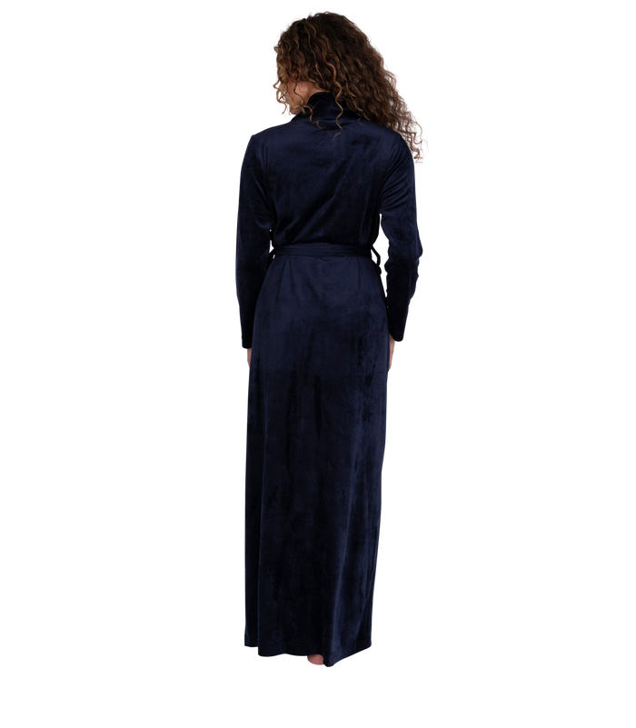Navy plush velour belted shawl-collar wrap robe, back view