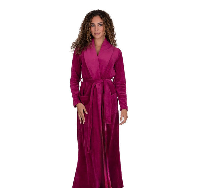Rose pink plush velour belted shawl-collar wrap robe with long sleeves