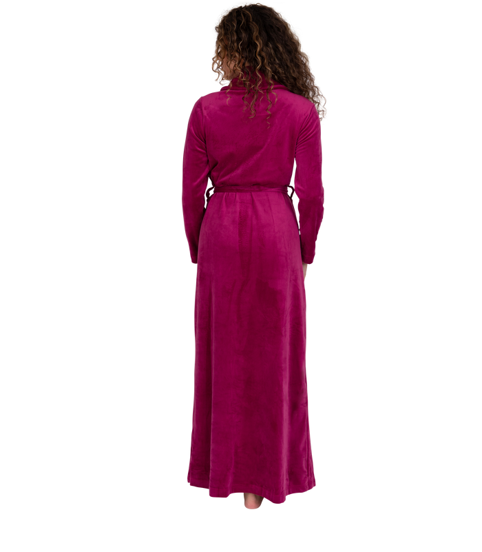 Rose pink plush velour belted wrap robe, back view, shawl collar, long sleeves