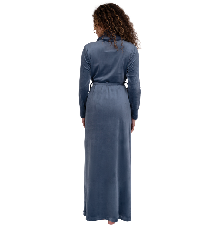 Blue plush velour wrap robe with tie belt, shawl collar, and long sleeves (back view)