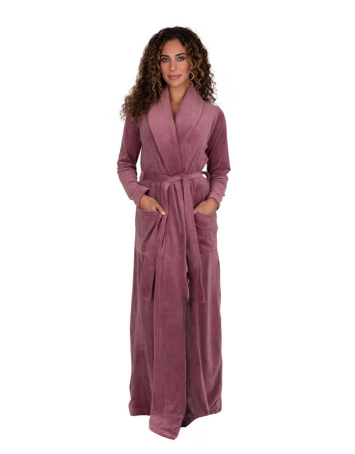 Soft pink plush velour wrap robe with shawl collar, waist belt and long sleeves