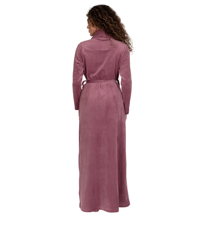 Soft pink plush velour wrap robe with shawl collar and waist belt, back view