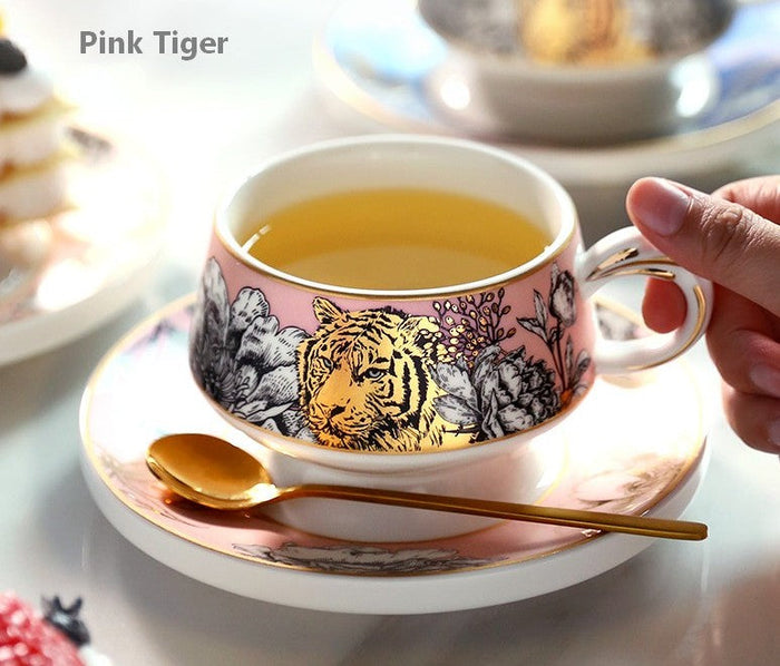 Unique Ceramic Cups with Gold Trim and Gift Box, Creative Ceramic Tea Cup and Saucer, Jungle Tiger Cheetah Porcelain Coffee Cups-Paintingforhome