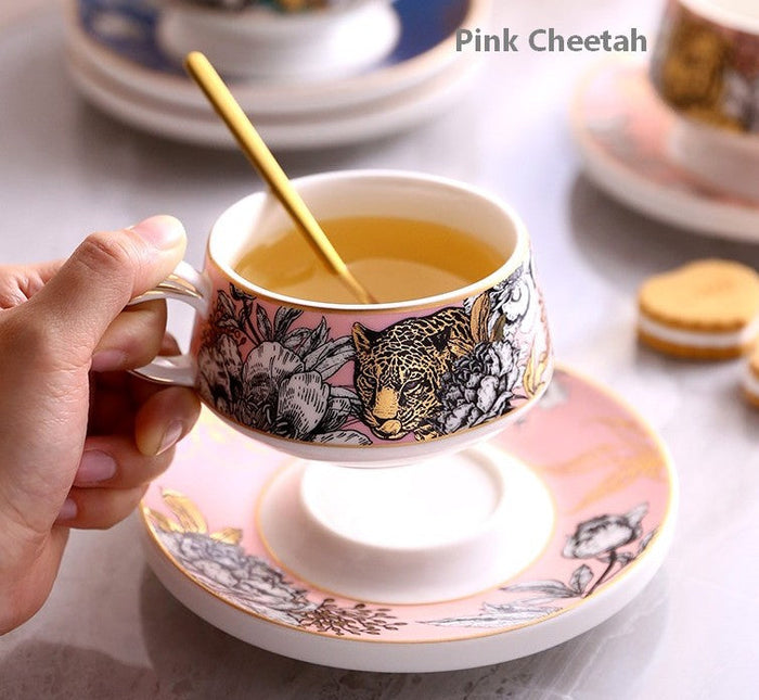Unique Ceramic Cups with Gold Trim and Gift Box, Creative Ceramic Tea Cup and Saucer, Jungle Tiger Cheetah Porcelain Coffee Cups-Paintingforhome