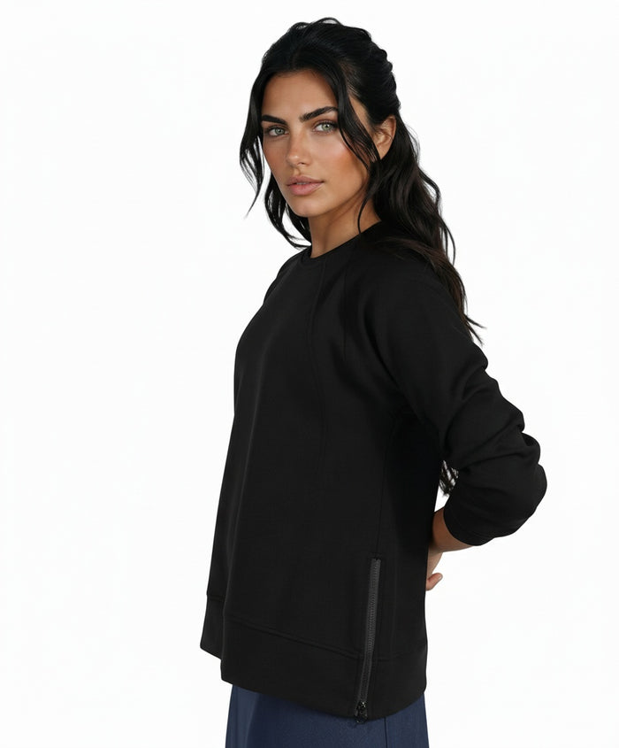 Black long-sleeve crewneck top with front seam detailing