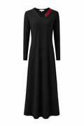 Black long sleeve v-neck nightgown with red accent trim.