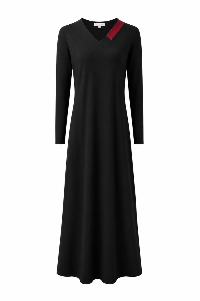 Black long sleeve v-neck nightgown with red accent trim.
