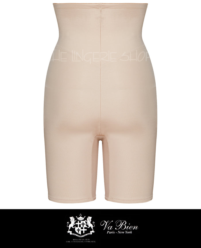 Coffee satin front firm control leg shaper with seamless full-leg coverage