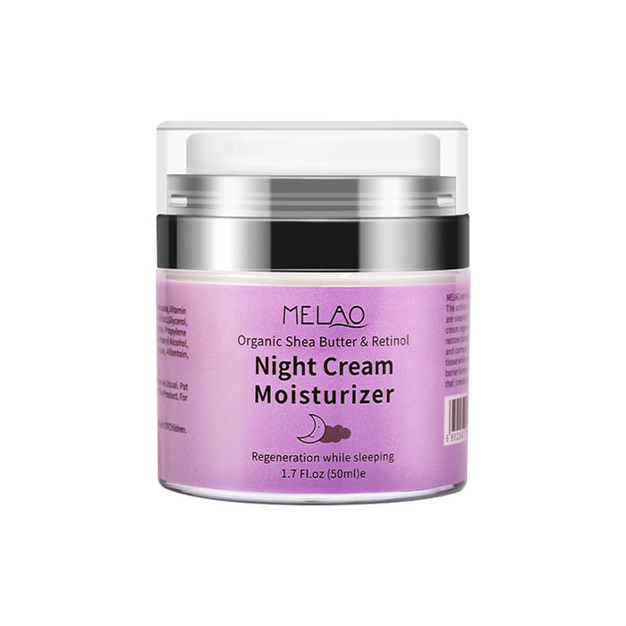 Crème de nuit VE à base de rétinol pour réparer la peau, contenant un pot de crème dans un récipient blanc.
