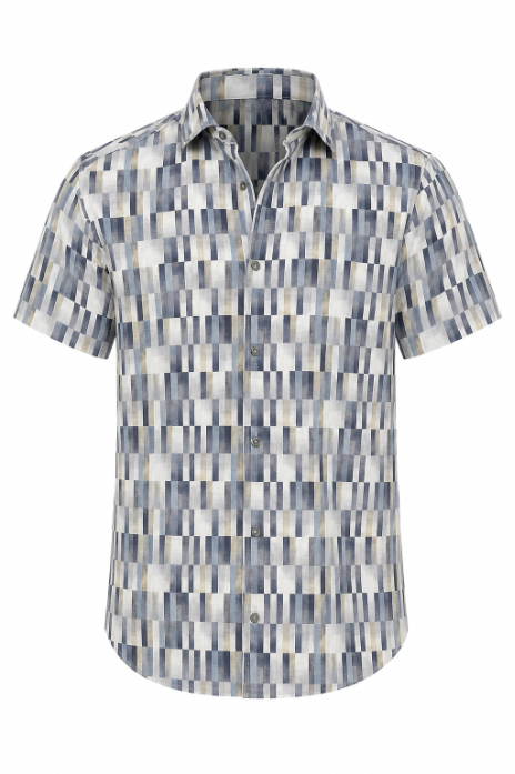 Short-sleeve shirt with a geometric pattern on a white background