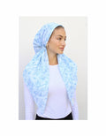 Light blue toile print pre-tied headscarf with draped coverage